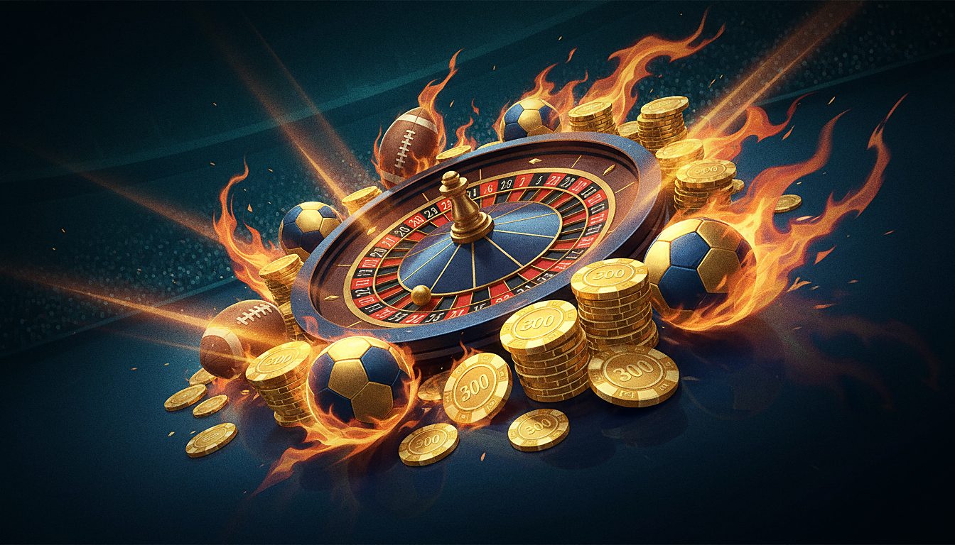 roulette wheel with gold chips, dramatic casino lighting